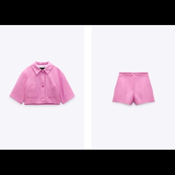 Set- Cropped lined button blazer and short with darts pink - Picture 1 of 2